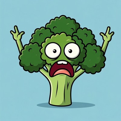 Cartoon Broccoli Screaming with Raised Arms