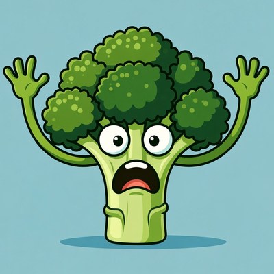 Scared Cartoon Broccoli with Raised Arms