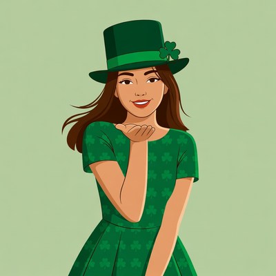 Asian woman blowing kiss in green shamrock dress