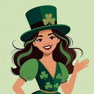 Cartoon woman in green leprechaun hat