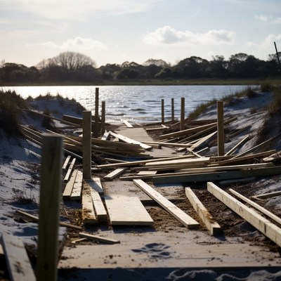 Damaged Wooden Pier on Sandy Beach