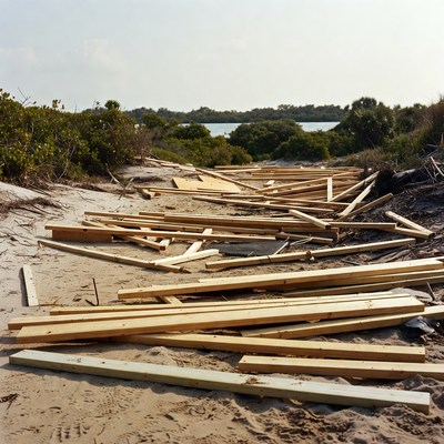 Scattered Wooden Planks on Beach
