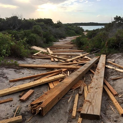 Wooden Boardwalk Debris on Beach Path