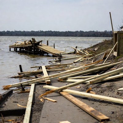 Destroyed Wooden Dock on Lakeshore