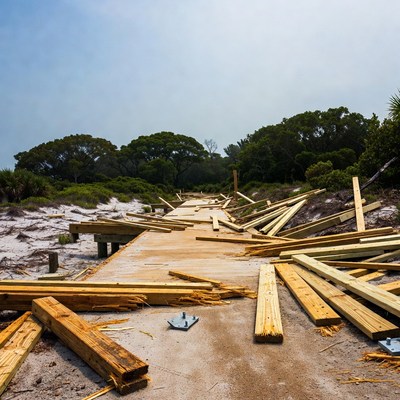 Destroyed Wooden Boardwalk on Beach