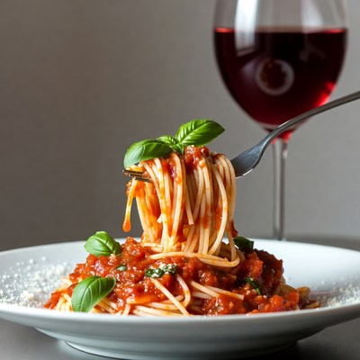 Spaghetti with red sauce and wine