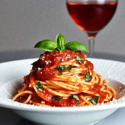 Spaghetti with marinara sauce and red wine