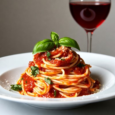 Spaghetti with marinara and red wine