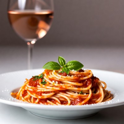 Spaghetti with marinara and rosÃ© wine