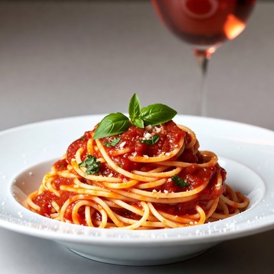 Spaghetti with marinara and wine glass