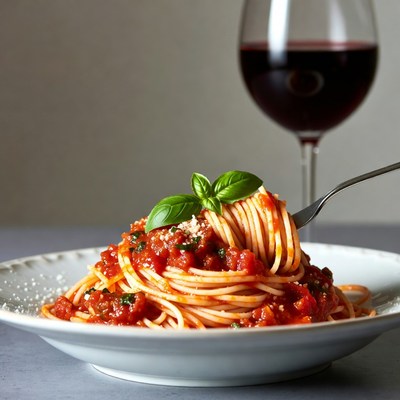 Spaghetti with marinara and wine glass