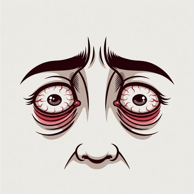 Cartoon tired red eyes close-up