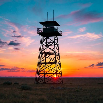 Silhouette Watchtower at Sunset