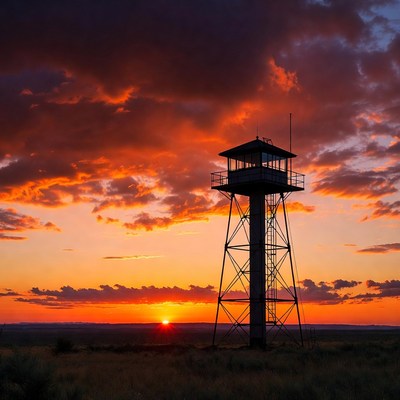 Guard Tower Silhouette at Sunset