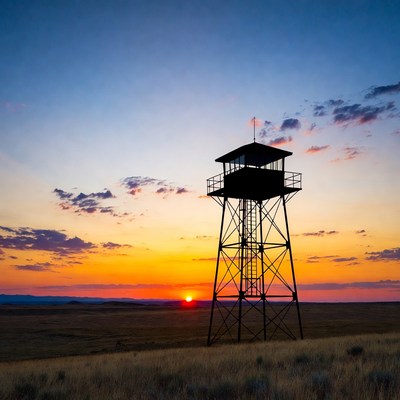 Silhouette watchtower at sunset