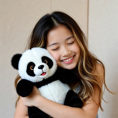 Asian girl hugging teddy bear