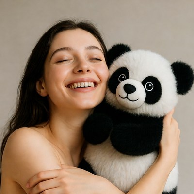 Woman hugging panda teddy bear