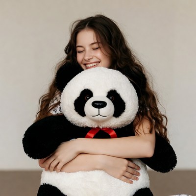 Girl hugging giant panda teddy bear