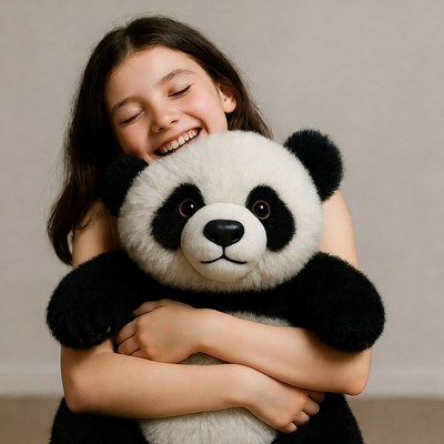 Girl hugging giant panda teddy bear