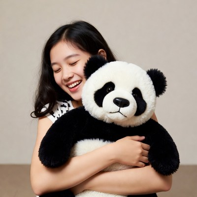 Asian girl hugging giant panda plush