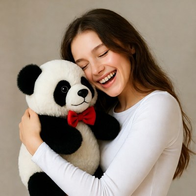 Woman hugging teddy panda bear