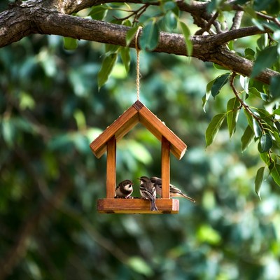Birds Eating from Hanging Bird Feeder