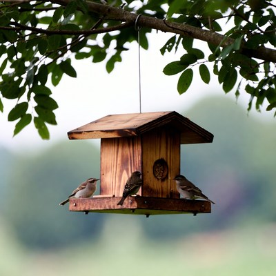 Birds eating from wooden bird feeder