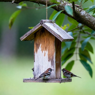Chickadees on wooden bird feeder