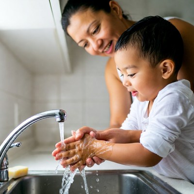 Asian mother teaching boy handwashing