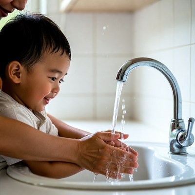 Asian mother teaching toddler handwashing