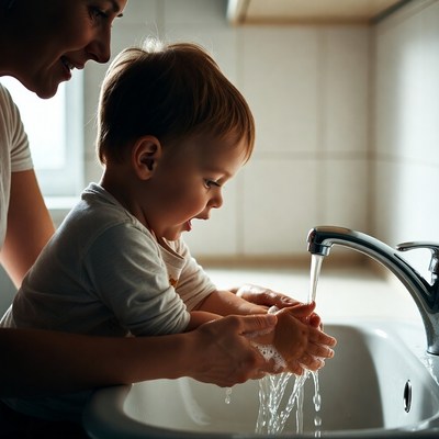 Mother helping toddler wash hands