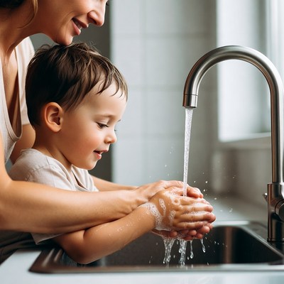 Mother helping boy wash hands