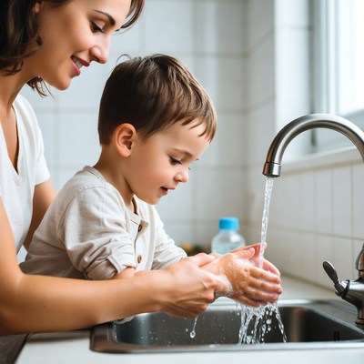Mother helping boy wash hands