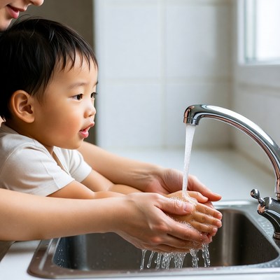Mother teaching Asian boy handwashing