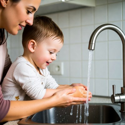 Mother helping toddler wash hands