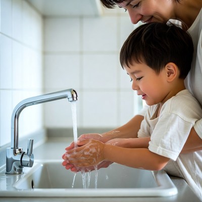 Mother helping boy wash hands