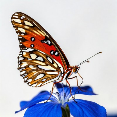 Orange butterfly on blue flower