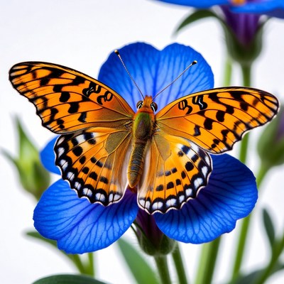 Orange butterfly on blue flower
