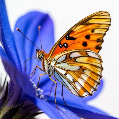 Orange butterfly on blue flower