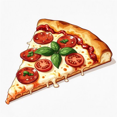 Pizza Slice with Pepperoni and Basil