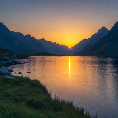 Sunset over mountain lake