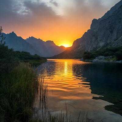 Sunset over mountain lake