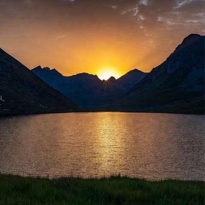 Sunset over mountain lake