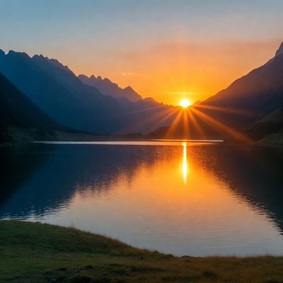 Sunset over mountain lake