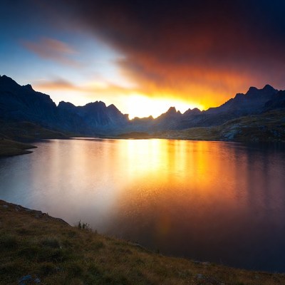Sunset over mountain lake