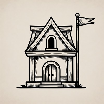Cartoon house with flagpole