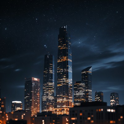 Skyscrapers at Night with Stars