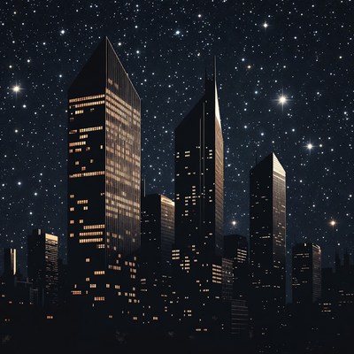 Skyscrapers under starry night sky