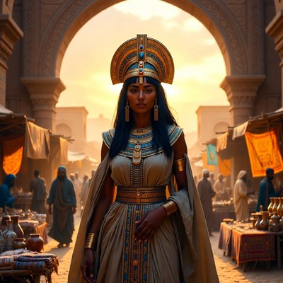 Egyptian Woman in Bustling Marketplace