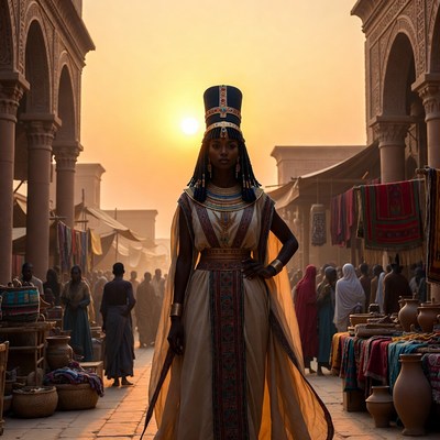 Egyptian Woman in Bustling Marketplace at Sunset
